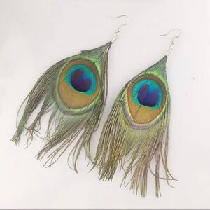 Large Peacock Feather Earrings Blue Green